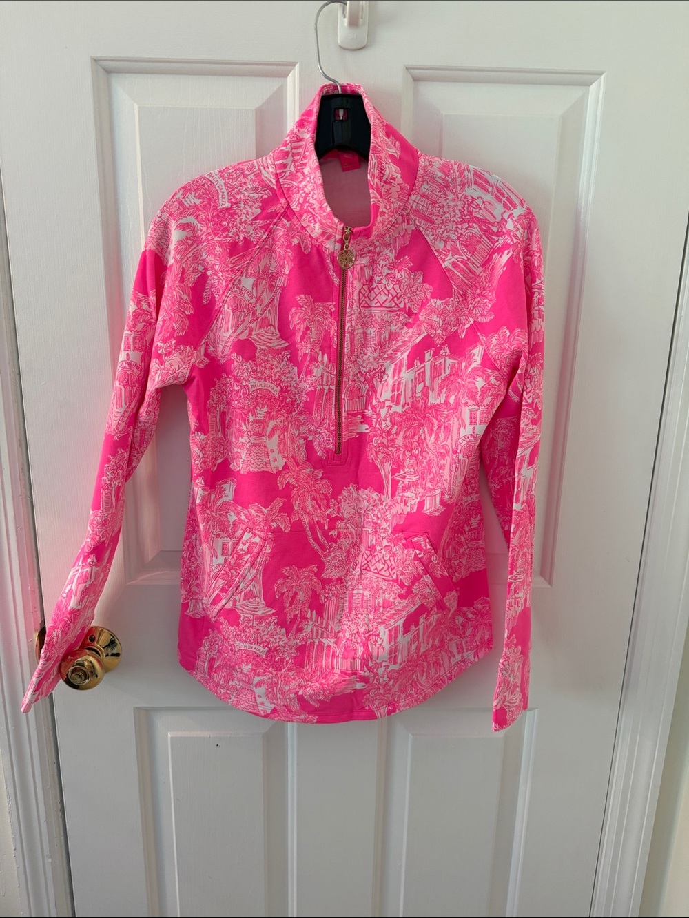Lilly Pulitzer Hot Pink and White Printed Quarter-Zip Pullover